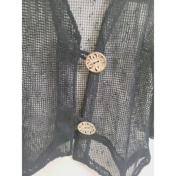 Nina Leonard Black V-Neck Netted Big Button 3/4 Sleeve Top w/uneven Hem XS - Picture 2 of 6